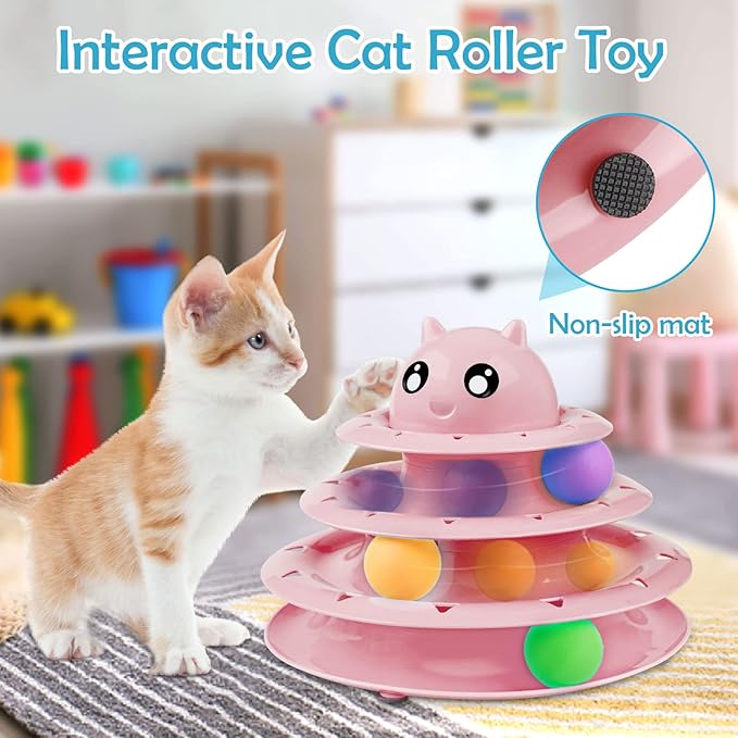 UPSKY 20 PCS Cat Roller 3-Level Turntable Set with Teaser, Mice, Spring and Balls Toys for Indoor Kittens