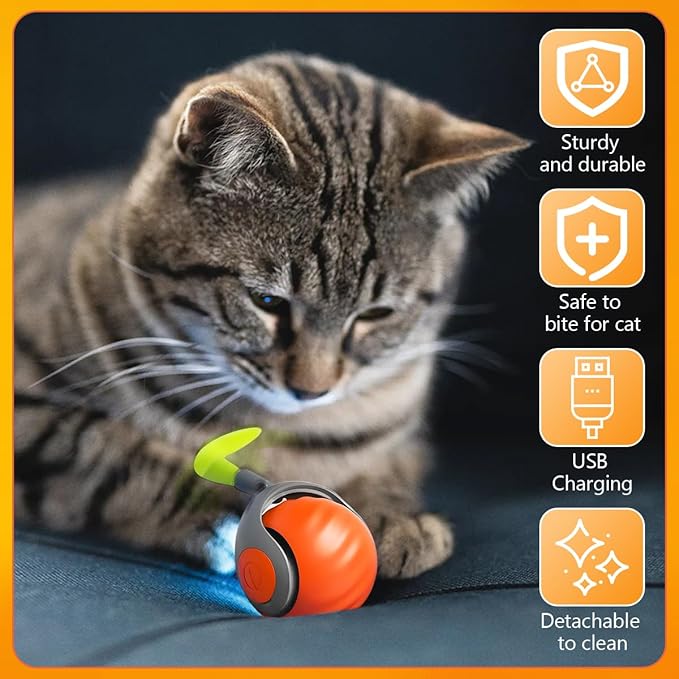 Interactive Cat Ball Toy 2.0 Cat Toy,Smart Interactive Cat Ball Toy for Indoor Cats with 3 Tails 2 Speeds,Obstacle Avoidance Smart Cat Toys for Keep Them Busy for Small/Medium/Large Cats (Orange)