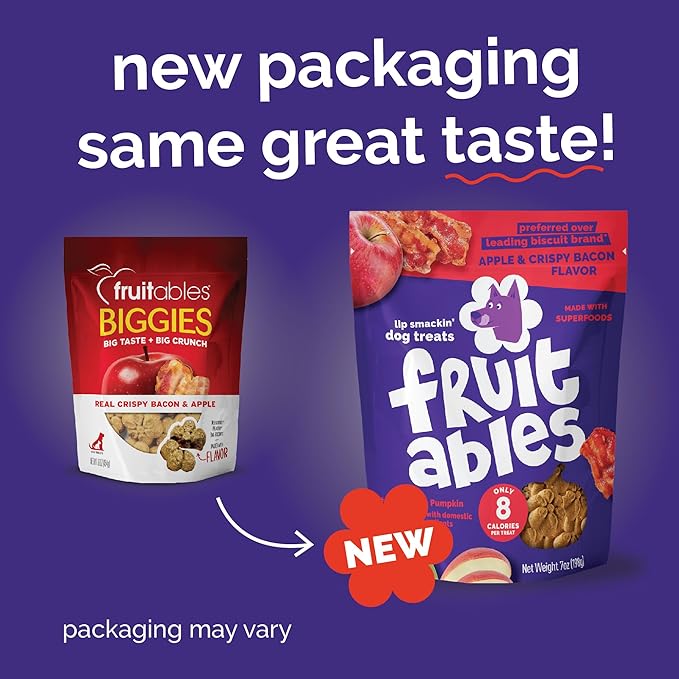 Fruitables Baked Dog Treats, Pumpkin Snacks for Dogs, Low Calorie & Delicious, No Wheat, Corn or Soy, Healthy Puppy Training Treats, Made in the USA, Apple and Crispy Bacon Flavor, 7oz