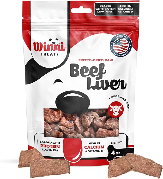 Winni Treats Freeze Dried Raw Beef Liver Dog Treats - Single Ingredient, Preservative-Free, Premium Beef Liver Treats, High in Protein, Calcium and Vitamin D, Low in Fat, Dog Treat Pack (4 Ounces)