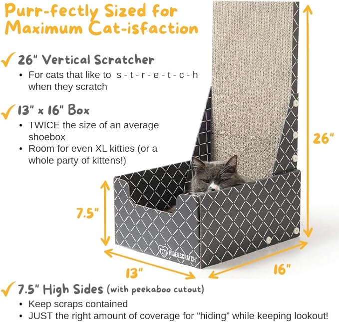Hide & Scratch Cardboard Cat Scratcher Box & Bed - Dark Grey Diamond (Vertical L-Shaped) | Double-Sided Corrugated Pad for Indoor Cats | Refillable Scratching Board Toy for Play & Furniture Protection