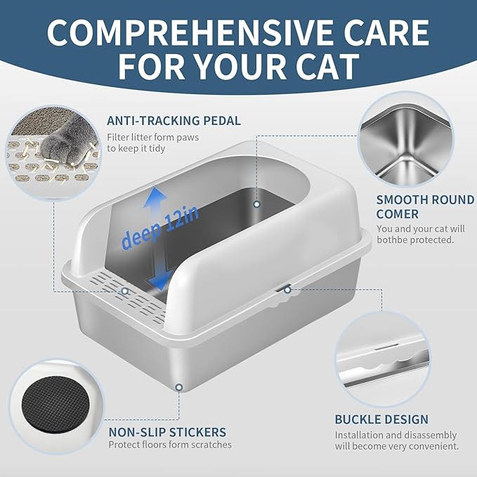 Prodigen Extra Large Stainless Steel Cat Litter Box with Lid High Wall Sides Enclosure, Non-Sticky, Anti-Leakage, Easy Cleaning，with Cat Mat & Metal Scoop, 24" L x 16" W x 12" H, 2 Pack