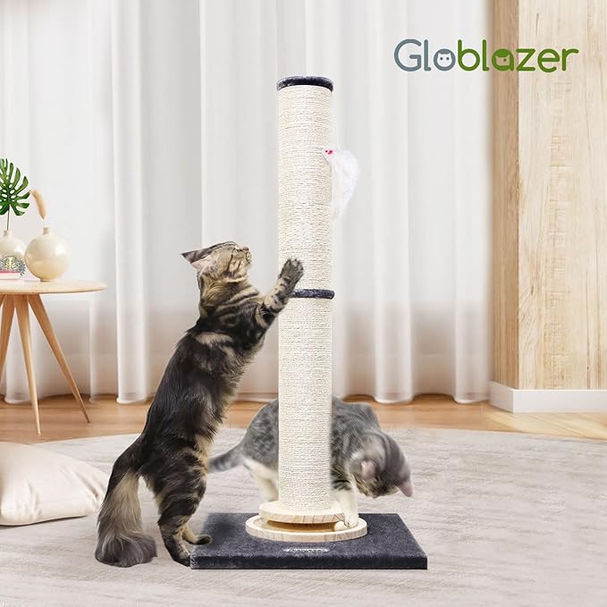 Globlazer Extra Thick Large Scratching Post for Indoor Cats Adults and Kittens, 35in Tall Natural Sisal Rope Scratcher Post, Large Cat Scratcher with Ball Interactive Toy, SC35, Dark Grey