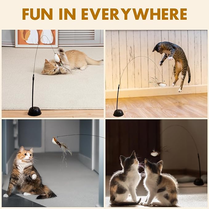 Cat Wand Toys, Interactive Bird Simulation Cat Toy for Indoor Cats,Teaser Wand Self-Holding Suction Cups Base with 5pcs Detachable Replacements Feathers Toys