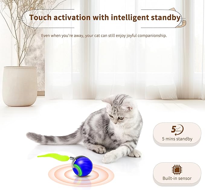 Interactive Cat Toy Ball-Motion-Activated Rolling Toy with 2 Feather Tails, 2 Speeds, USB Rechargeable, Smart Indoor Cat Toys to Keep Cats Active, Happy and Entertained (Blue)