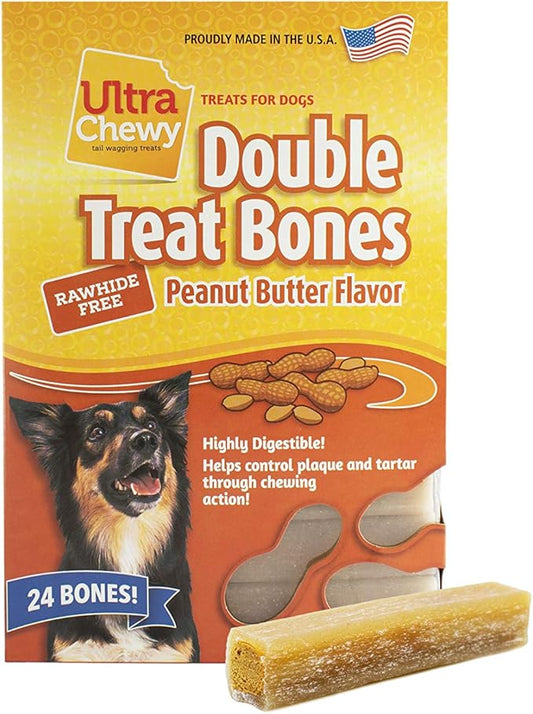 Ultra Chewy Peanut Butter Double Treat Bones: Long-Lasting Dog Treats Made in USA for Large and Small Breeds, Highly Digestible, Ideal for Aggressive Chewers (24 Count)