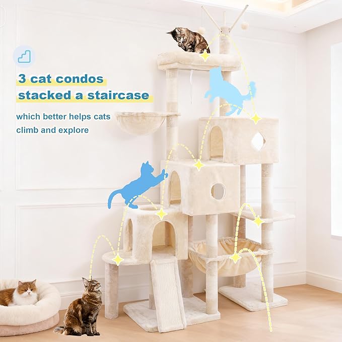 Hey-brother Cat Tree Tower, Scratching Posts with 3 Condos, Large Basket, Cozy Bed, Sisal Board, Step-by-Step Climbing Pathway and Toys, 74.8 inches Furniture for Big Indoor Cats, Beige MPJ081M