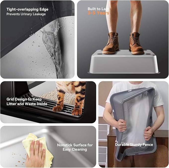 High Sides Odor Free No Sticky Extra Large Steel Cat Litter Box with Scoop, Tall Wall No Smell 24"X16"X13" Stainless Metal Kitty Litterbox, Black