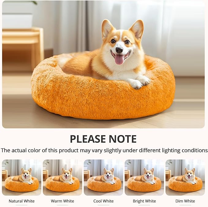JOLLYVOGUE Calming Dog Bed Medium Size Dog, Anti-Anxiety Donut Medium Pet Bed, 31 inches Fluffy Faux Fur Round Cat Bed, Fits up to 45 lbs Pets (Orange)