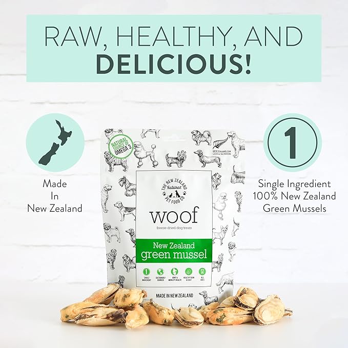 The New Zealand Natural Pet Food Co. WOOF Freeze Dried Dog Treats - High Protein, Small & Large Dog, Natural, Topper, Treat, Green Mussels - 1.76 oz