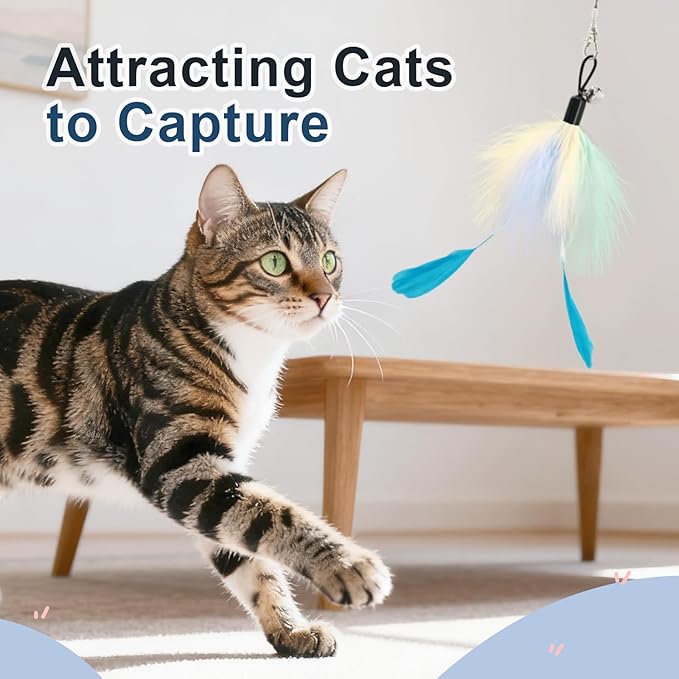 SONGWAY Cat Wand Toys for Indoor Cats - Cat Toy Set with Retractable Teaser Wand and 6 PCS Fairy Feather Toy Refills, Dragonfly Tassel Plush Cat Toys Interactive, Blue