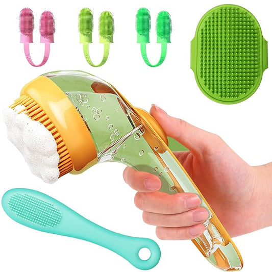 6pcs Dog Bath Brush & Finger Toothbrush Set - Pet Grooming Scrubber with Shampoo Dispenser for Puppy, Cat, Small Breed - Dog Washing Brush for Bathing, Teeth Cleaning & Massage