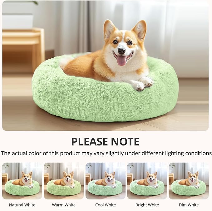 JOLLYVOGUE Calming Dog Bed Large Size Dog, Anti-Anxiety Donut Large Pet Bed, 36 inches Fluffy Faux Fur Round Cat Bed, Fits up to 75 lbs Pets (Light Green)