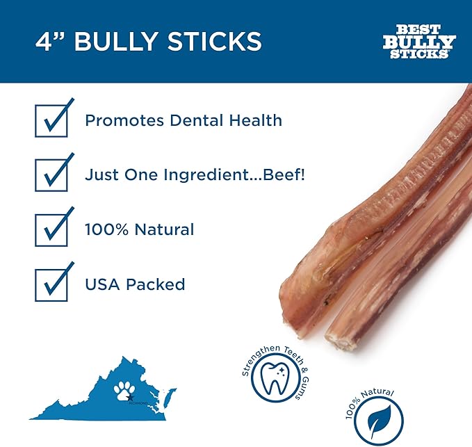 Best Bully Sticks 4 Inch Bully Sticks - 8 oz (Pack of 1) - Natural Grass-Fed, Grain and Rawhide Free, Ideal for Small or Young Canines
