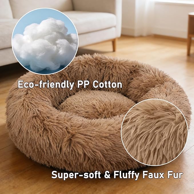 Calming Donut Dog Bed Medium Size Dog - Washable Removable Cover Non-Slip Bottom, Round Pet Bed Cat Bed Warming Fluffy Plush Faux Fur Anti-Anxiety, Fits up to 45 lbs (Camel, 30")