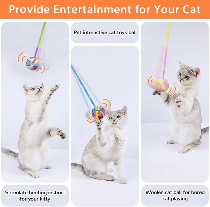 Retro Shaw Cat Toys Balls, 6Pcs Woolen Yarn Cat Ball Toy with Bell Inside, Interactive Kitten Toys for Indoor Cats Kitty, Chew Toys Jingle Pompom Ball with String