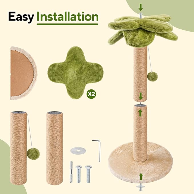 Cat Scratching Post Palm Tree Shape, Sturdy 34 inches Tall Sisal Scratch Post with Interactive Dangling Ball, Cute Cat Scratcher for Indoor Cats