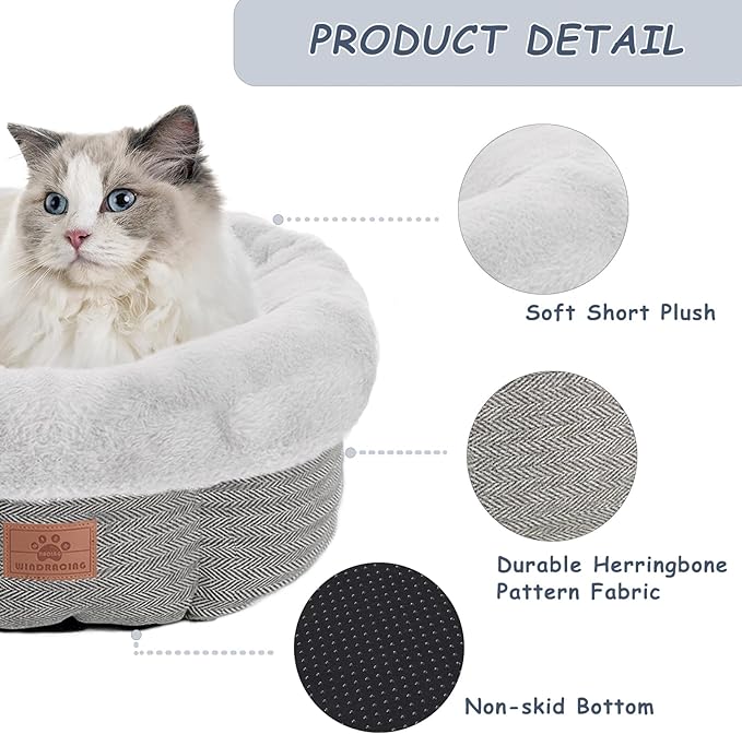 WINDRACING Cat Beds for Indoor Cats,Kitten Bed,Dog Bed for Extra Small Dogs Breeds,Puppy Kennel Bed, Comfy Durable Pet Sleeping Bed, Washable Roun Cat Bed & Non-Slip Bottom, Size 18"L x 18"W x 7.5"Th