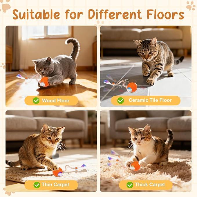Interactive Automatic Cat Toy Ball with Chirping, 2 Tails & 2 Speeds - USB Rechargeable，Motion Activated Self Play Toy with Random Movement for Bored Indoor Cats, Kitten & Adult Cat Entertainment