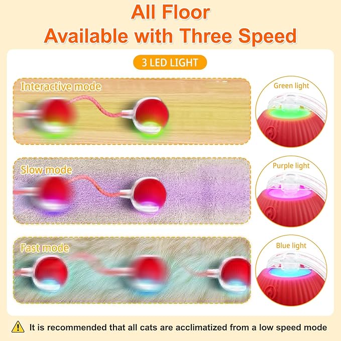 Interactive Cat Toys for Indoor Cats, Automatic Kitten Toys for Bored Indoor Adult Cats, Smart Kitten Rolling Ball Moving Balls Toy, Rechargeable Dog Cat Ball for Enrichment Exercise (Red)