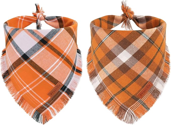 PTDECOR Fall Dog Bandanas with Tassels Edges, 2 Pack Orange Plaid Scarf Bib, Halloween Thanksgiving Pet Bandana, Reversible Triangle Bandanas for Small Dogs Puppies Cats(Small)