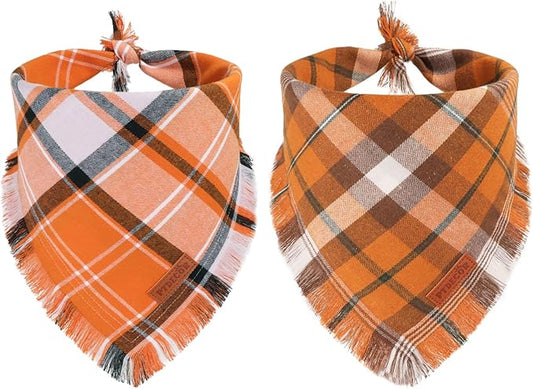 PTDECOR Fall Dog Bandanas with Tassels Edges, 2 Pack Orange Plaid Scarf Bib, Halloween Thanksgiving Pet Bandana, Reversible Triangle Bandanas for Extra Large Dogs (X-Large)