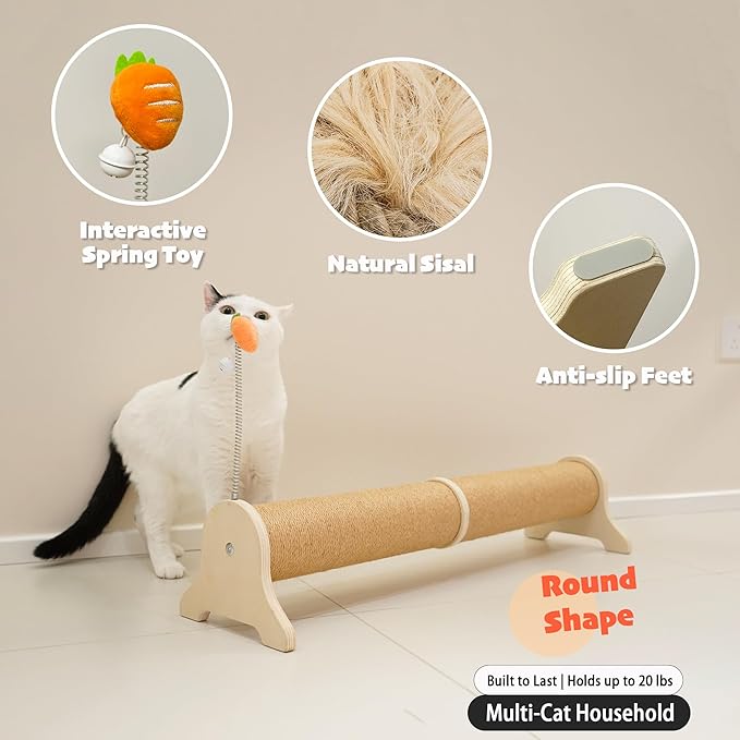 PETKARAY Horizontal Scratching Post, 30" Sisal Cat Scratch Post, Large Cat Scratcher with Spring Toy, Protect Furniture for Indoor Kitten