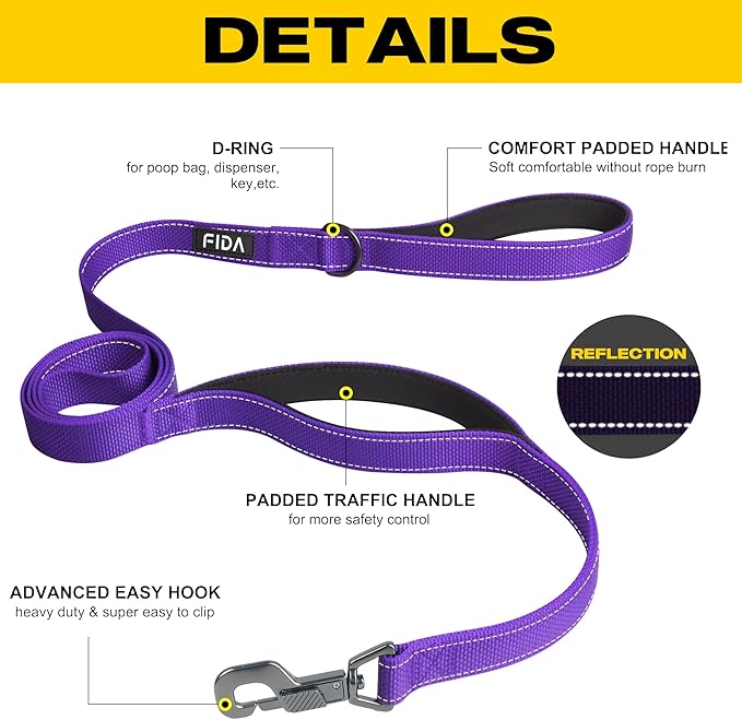 Fida 4 FT Heavy Duty Dog Leash with 2 Comfortable Padded Handles, Traffic Handle & Advanced Easy Snap Hook, Reflective Walking Lead for Large, Medium & Small Breed Dogs, Purple