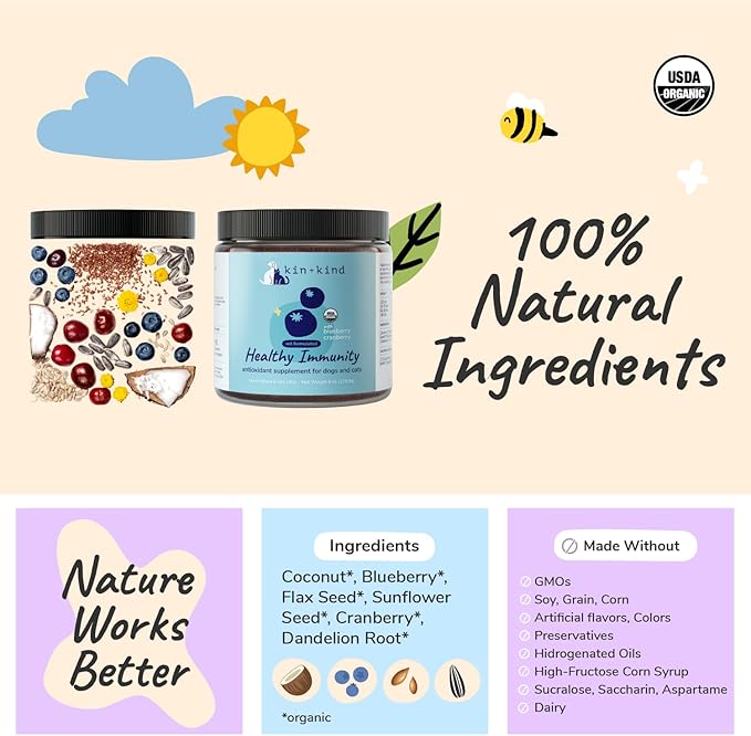 kin+kind Pet Vitamins and Supplements - Immune Support Supplement for Dogs & Cats - Natural Dog Supplements & Cat Supplements w/Organic Ingredients for Healthy Immunity - Made in USA - 4 oz (Medium)