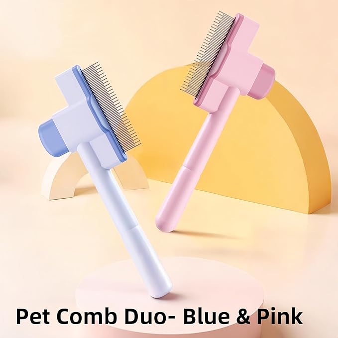 Pet Comb-2 Pack,Flea Comb for Cats&Dogs Cleaning Removal Comb Pet Hair Gentle with Release Button,Kittens Pet Comb to Groom Hair and Knots (Pink & Blue)
