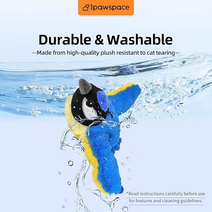 Interactive Flapping Bird Cat Toy with Catnip, Touch Activated Rechargeable, Musical Sound (can Turn Off), Satisfy Cat's Natural Huting Instinct, Soft Plush Washable Cover (Blue)