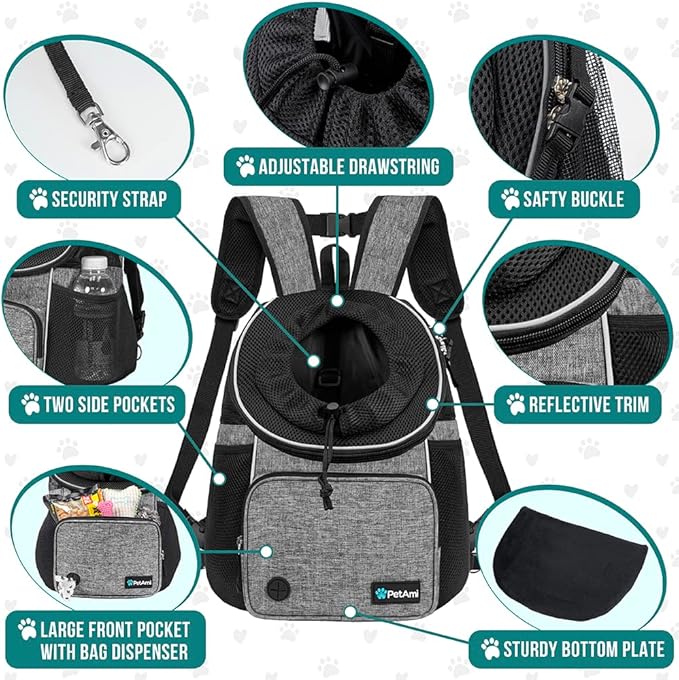 PetAmi Dog Front Carrier Backpack, Adjustable Dog Pet Cat Chest Carrier Backpack, Ventilated Dog Carrier for Hiking Camping Travel, Small Medium Puppy Large Cat Carrying Bag, Max 15 lbs, Gray