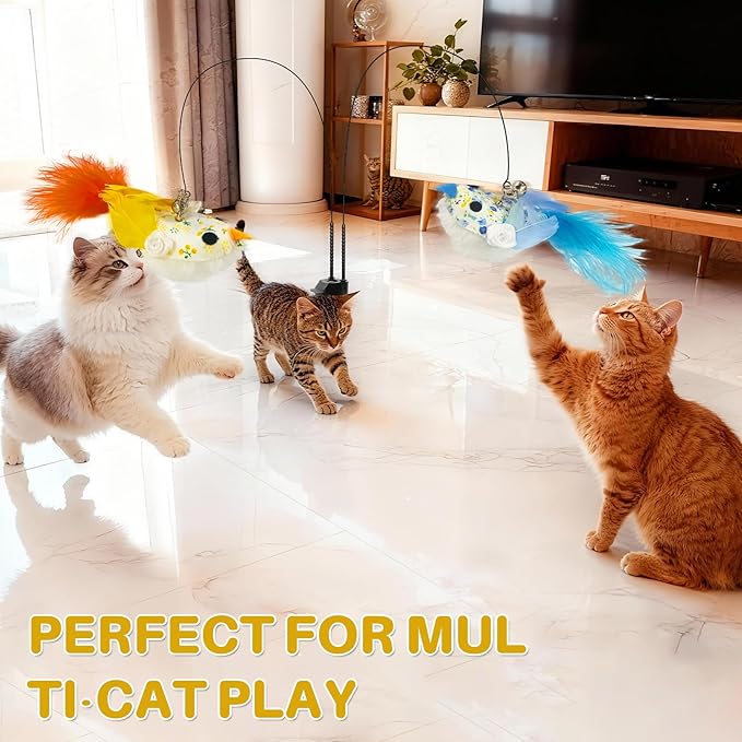 Walfront Interactive Cat Toy, Cat Teaser Wand with Double-Head Suction Base and 2 Realistic Bird Attachments for Indoor Self-Play and Exercise for Kittens and Adult Cats, Keeping Cats Playful & Happy