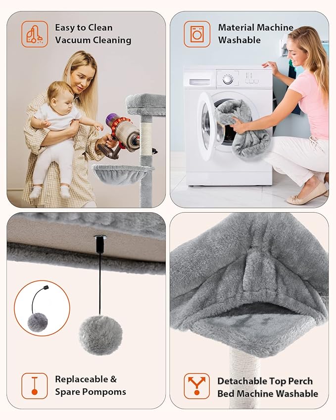 Cat Tree for Large Cats with Super Large Top Perch, 56.3" Cat Tower with Plush Hammock, Dangling Pompom, Cat Scratching Posts and 2 Condos House, Light Grey