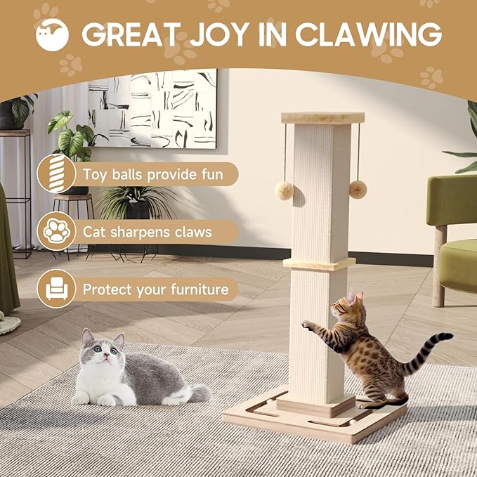 Large Cat Scratching Post, 32 Inch Tall Heavy Duty Scratching Post with Tracking Interactive Toys for Indoor