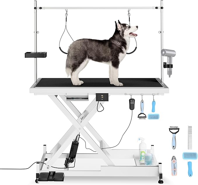 50" Electric Dog Grooming Table 9"- 37" Height Adjustable Heavy Duty Professional Lift Dog Grooming Table for Large Dogs with 2 Nooses, 4in1 Comb & Nail Care Set, Blow Dryer Clip White