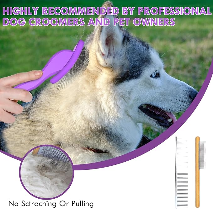 Large Dog Slicker Brush for Shedding & Curly Coat, Long Hair Dogs & Cats, Doodles, Poodles & Goldendoodles, Long Pin Grooming Brush with Wooden Handle, 3 Pcs Comb Set for Mats Tangles Purple