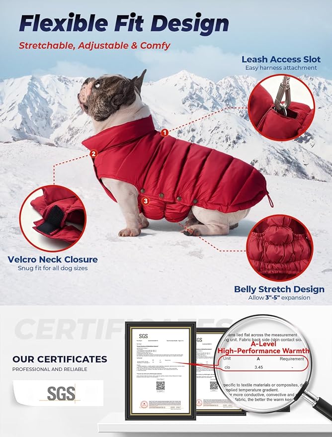 SPACE LION Dog Puffer Jacket, Down Winter Coat, Durable Outdoor Coat for Cold and Windy Conditions, Lightweight & Adjustable Fit Coats for Small Dogs, (Red, Size8/XS)