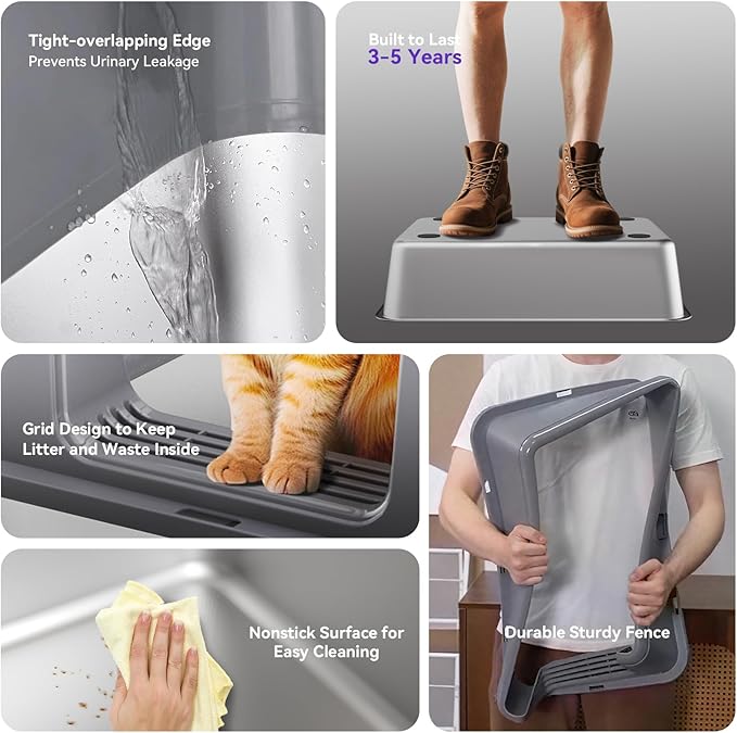 High Sides Odor Free No Sticky Extra Large Steel Cat Litter Box with Scoop, Tall Wall No Smell 24"X16"X13" Stainless Metal Kitty Litterbox, Grey