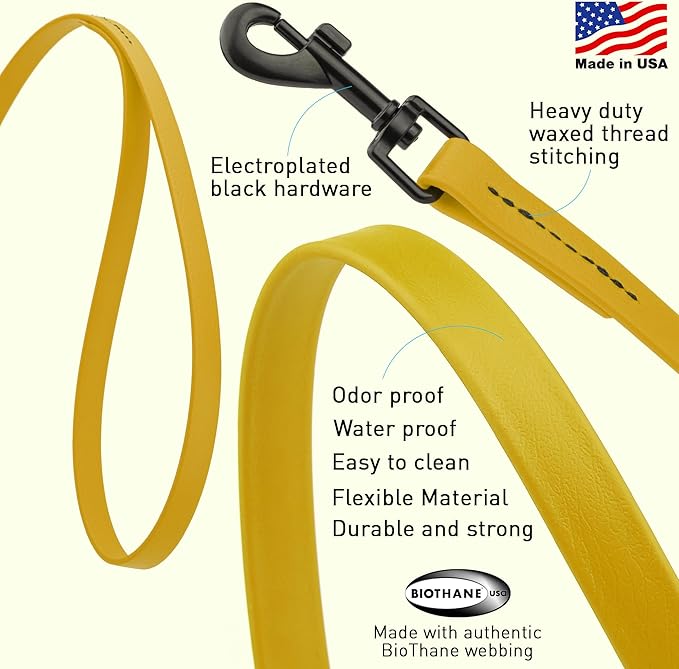 Dogline Biothane Waterproof Dog Leash Strong Coated Nylon Webbing with Black Hardware Odor-Proof Easy to Clean High Performance for Small or Large Dogs Made in USA 4 or 6 ft Lead, Treasure Gold