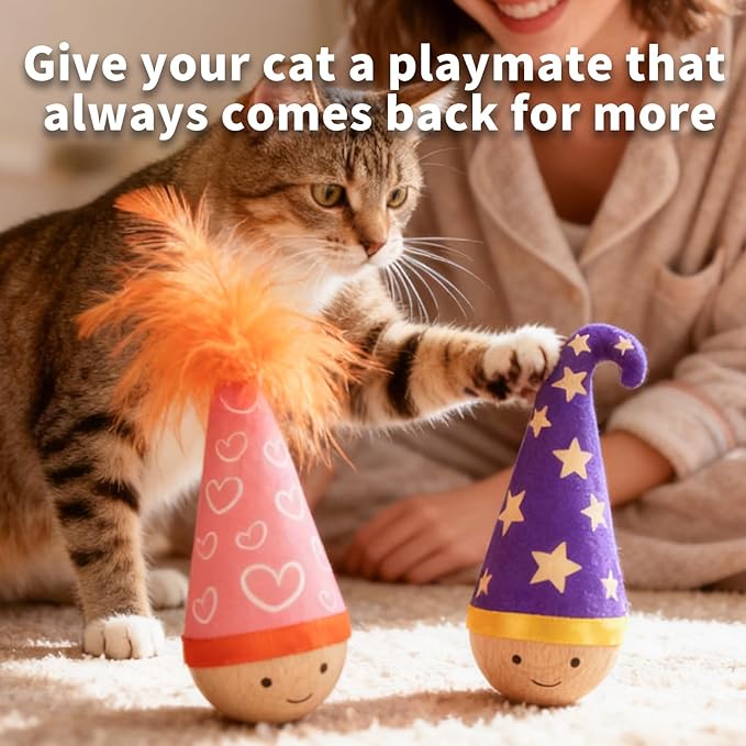 Lulu's world Wooden Interactive Cat Toy with Catnip - Nienie Tumbler Wobble Toy for Indoor Cats, Self-Righting Chaser with Wizard Hat & Stars (Purple)