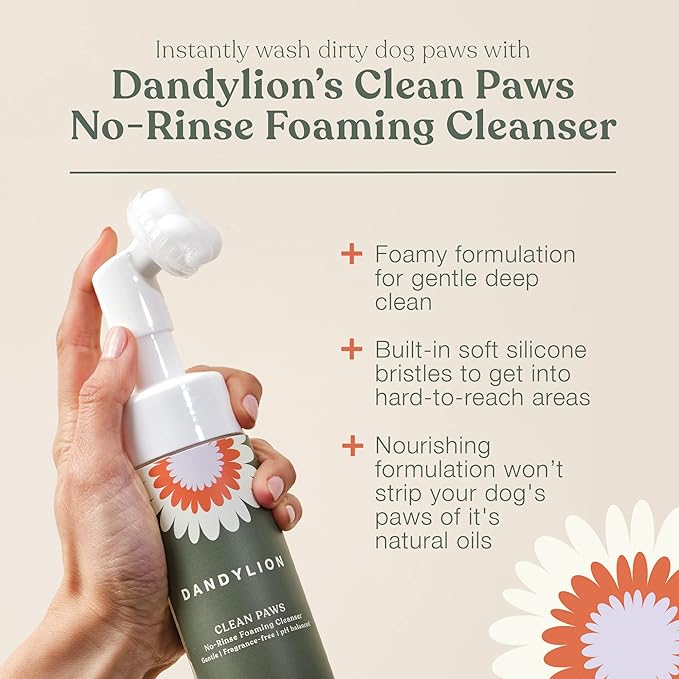 Dandylion Clean Paws | No-Rinse Dog Paw Cleaner & Dog Paw Washer | Gentle, Fragrance-Free, pH Balanced Foaming Cleanser with Silicone Bristle Brush | Safe for All Dogs | 5 fl oz
