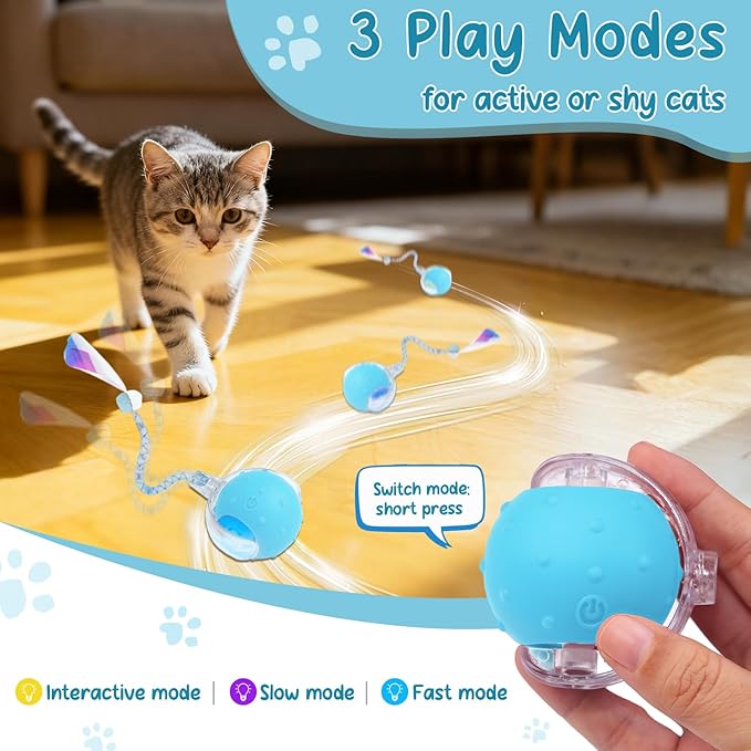 Interactive Smart Motorized Cat Toy Ball -Chirping, 2 Tails & 2 Speeds, USB Rechargeable Motion Activated Self Play Toy for Bored Indoor Cats & Kittens, Hunting Chase Teaser for Exercise & Enrichment
