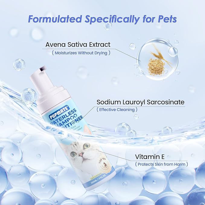 Cat Waterless Shampoo with Brush - No Rinse Formula for Quick Clean Between Baths, Hypoallergenic & Detangling, Reduce Itchy Skin Shedding, Vet-Recommended for Kittens/Senior Cats, Coconut Scent