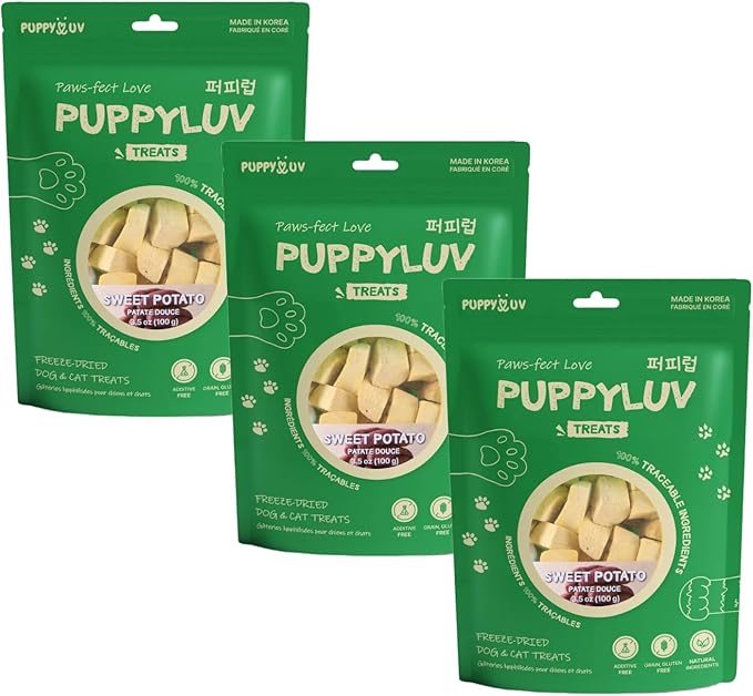 Puppyluv Freeze Dried Sweet Potato Treats for Dogs & Cats - Natural Training Treats, 3.5oz (Pack of 3)