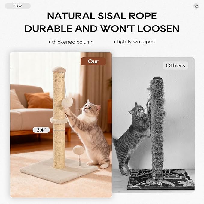 FDW 22 Inch Cat Scratching Post Cat Scratcher Natural Sisal Rope Scratch Post Kitten Trees with Hanging Ball for Indoor Cats,Beige