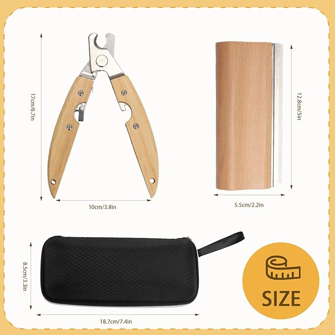 Natural Wooden Pet Grooming Kit 2-in-1 Dog Deshedding Tool and Cat Nail Clipper Gentle & Painless Fur Brush and Secure Paw Nail Trimmer for Small Medium Large Pets (Includes storage box)