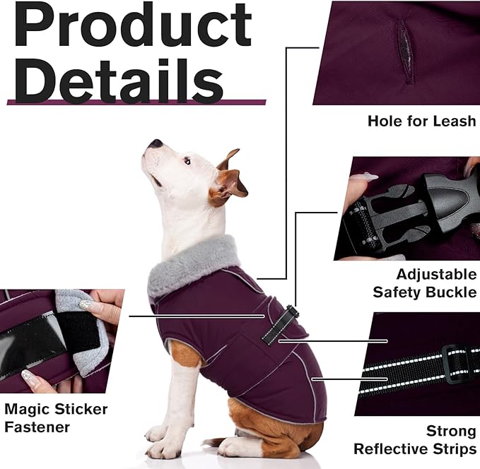 Lelepet Warm Dog Coat Waterproof Dog Jacket for Medium Dogs Reflective Fleece Vest with Adjustable Buckle Hook & Loop Windproof Cold Weather Coats for Small Medium Large Dogs, Dark Purple, M