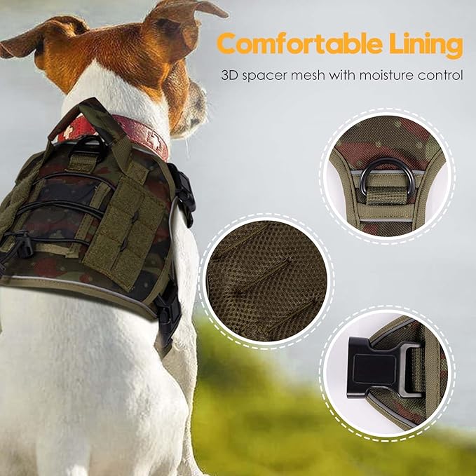 Heavy-Duty Tactical Dog Harness for Large Dogs, No Pull Adjustable Reflective Pet Vest with Molle System, K9 Military-Grade Control for Service Training, Outdoor & 10+ Breeds, Green Camo, Medium