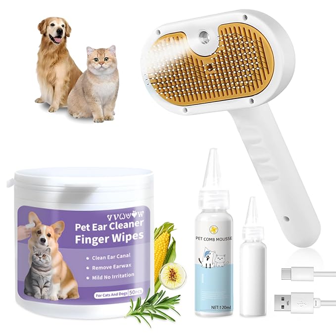 Pet Steam Brush Dog Cat 2025 New Grooming Comb for Shedding, Floating Hair, Smooth & Detangling, Gentle Cool Mist Softens Hair Reduces Static Helps Pets Who Ear Wipes,Includes Waterless Shampoo